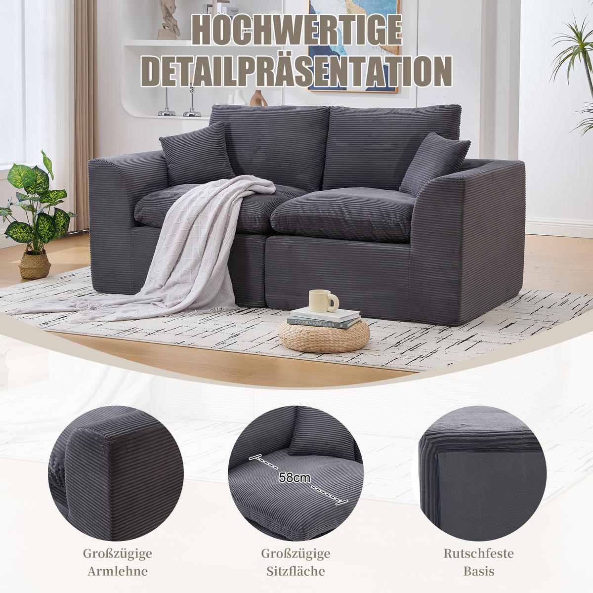 2-SITZER-SOFA XXL aus Cord mit Federkern-Polsterung Montagefrei - Dunkelgrau, Textil (204/84/102cm) - Urban Meuble