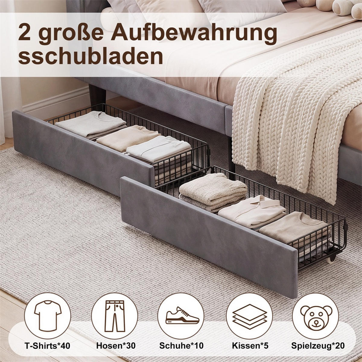 POLSTERBETT 90x200 cm mit Kopfteil-Stauraum - 2 Schubladen - USB Type-C & LED - ohne Matratze - Grau - Grau, Textil (90/200cm) - DELFA