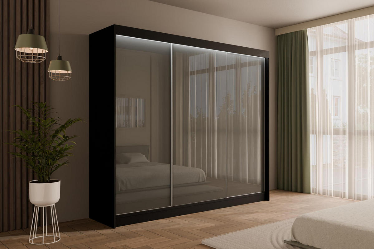 KLEIDERSCHRANK PEKA mit LED - 250 cm - Schwarz|Grau - Schwarz/Grau, Holzwerkstoff (250/215/61cm) - ALTDECOR