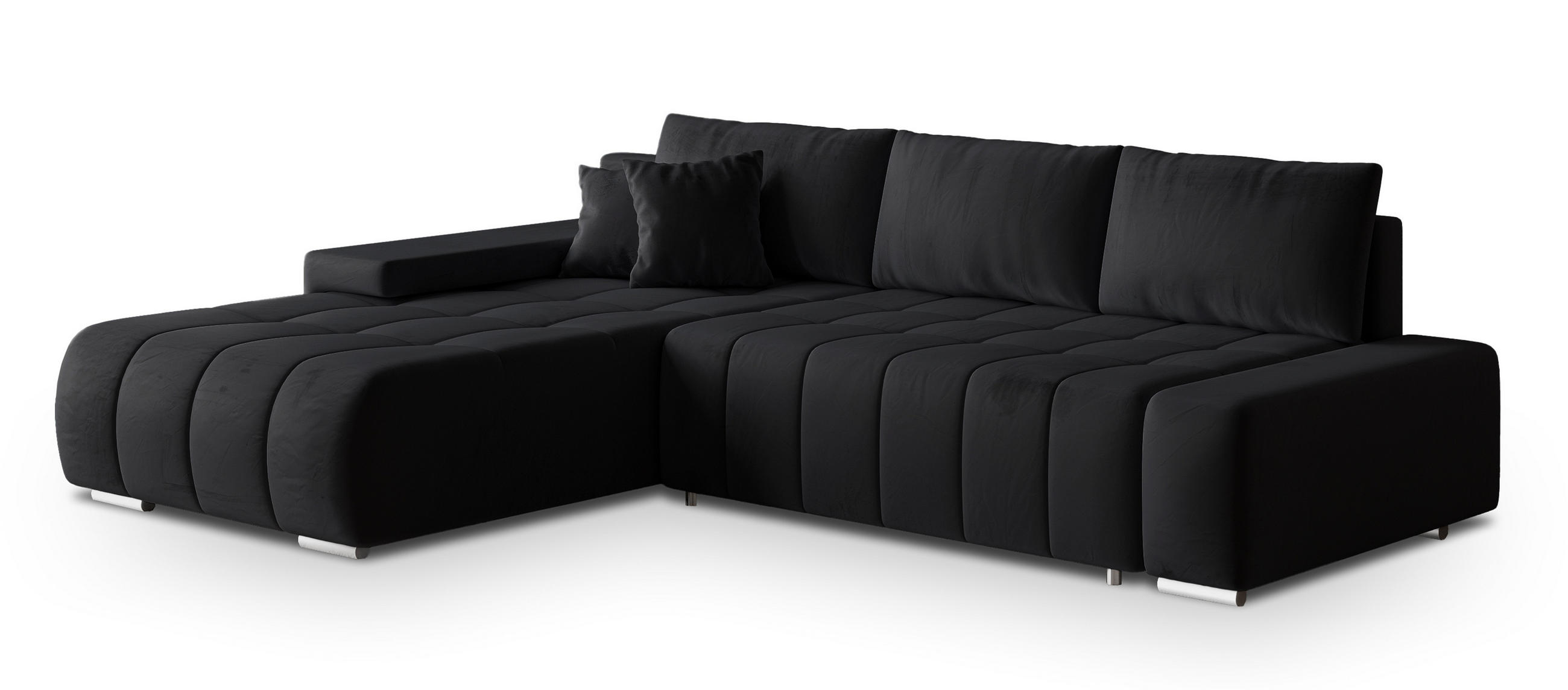 ECKSOFA ALESE L-S Schwarz Velours-Stoff mit Schlaffunktion - Schwarz, Holz (265/185cm) - MASSENO