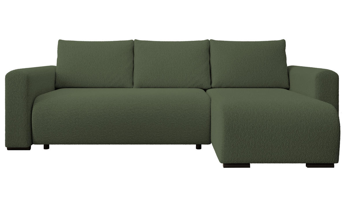 ECKSOFA DORA L, Eckcouch in L-Form mit Schlaffunktion und Bettkasten, Farbe: Grün, Bouclé-Stoff, Ottomane Rechts - Grün, Textil (240/143cm) - Storez24
