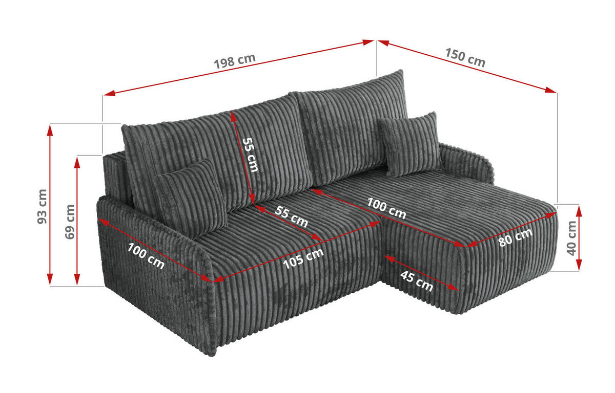 ECKSCHLAFSOFA ARPA L Dunkelgrau Cord - links - Dunkelgrau/Schwarz, Kunststoff/Textil (198/150cm) - MKS