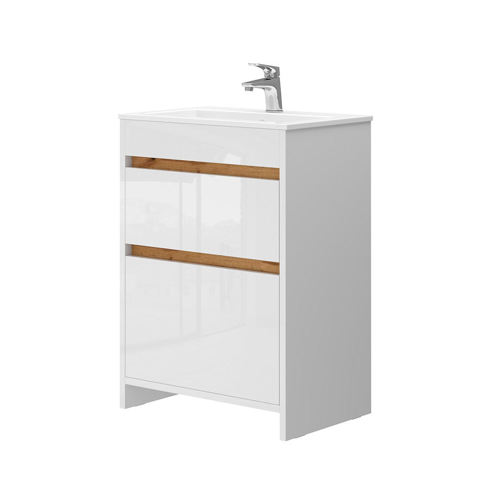 WASCHTISCHKOMBI Detmold, Weiß, 2 Teile, Unterschrank 60 cm - Weiß Hochglanz/Eiche Wotan, Holzwerkstoff (59.6/81.9/40cm) - Vicco
