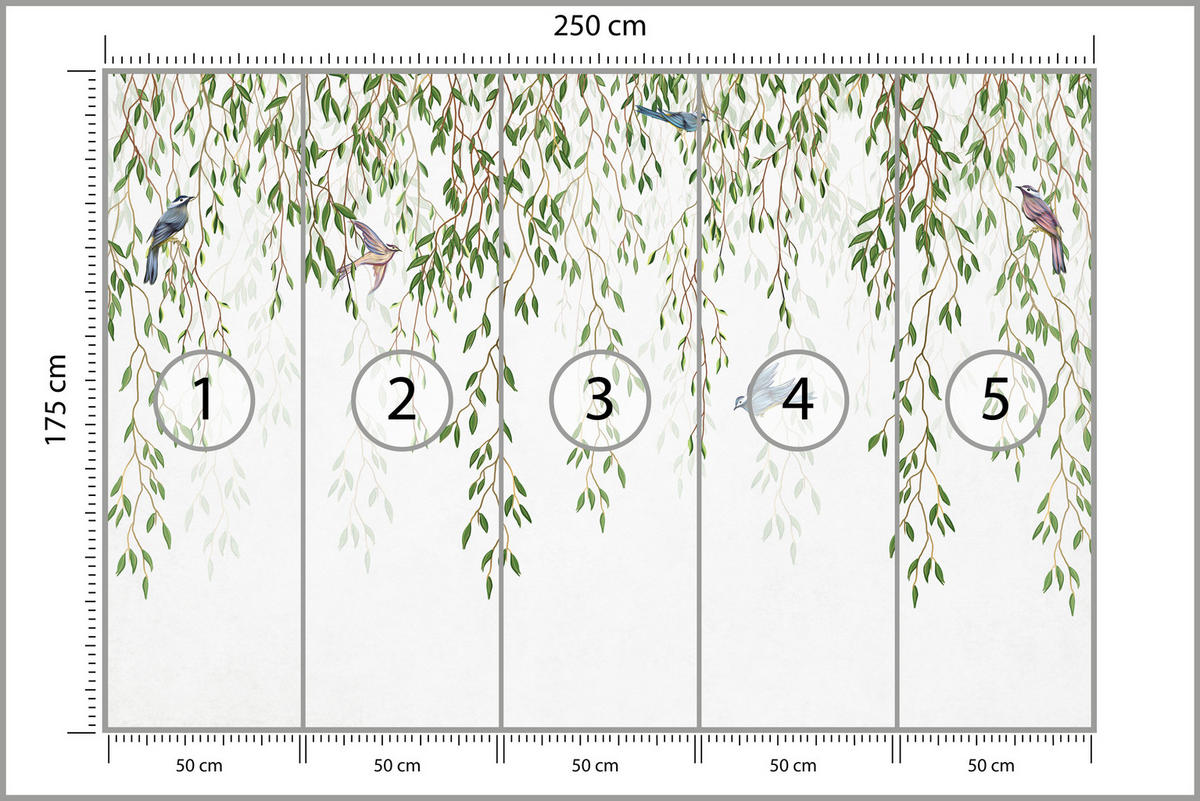 FOTOTAPETE für Schlafzimmer Trauerweide Äste Vögel Frühling Blätter 250x175 - Blau/Beige, Papier (250/175cm) - Muralo