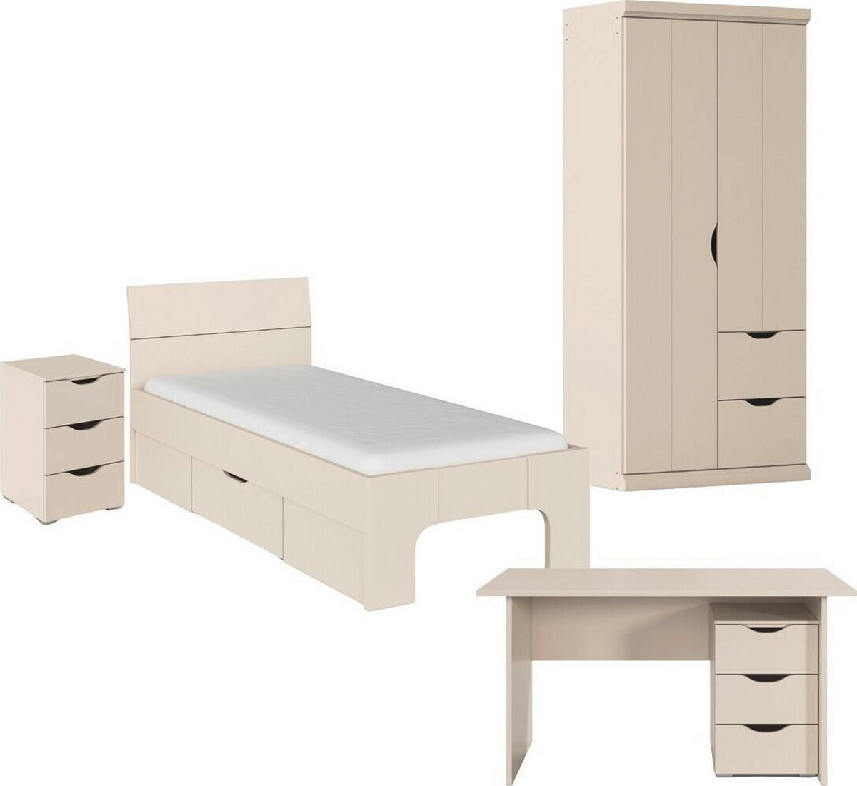 JUGENDZIMMER Frieda in Beige 5-teilig mit 2 türigem Kleiderschrank mit Schubkästen, 90er Jugendbett, Nachttisch, Schreibtisch mit Container - Beige, Holzwerkstoff (80/200/120cm)