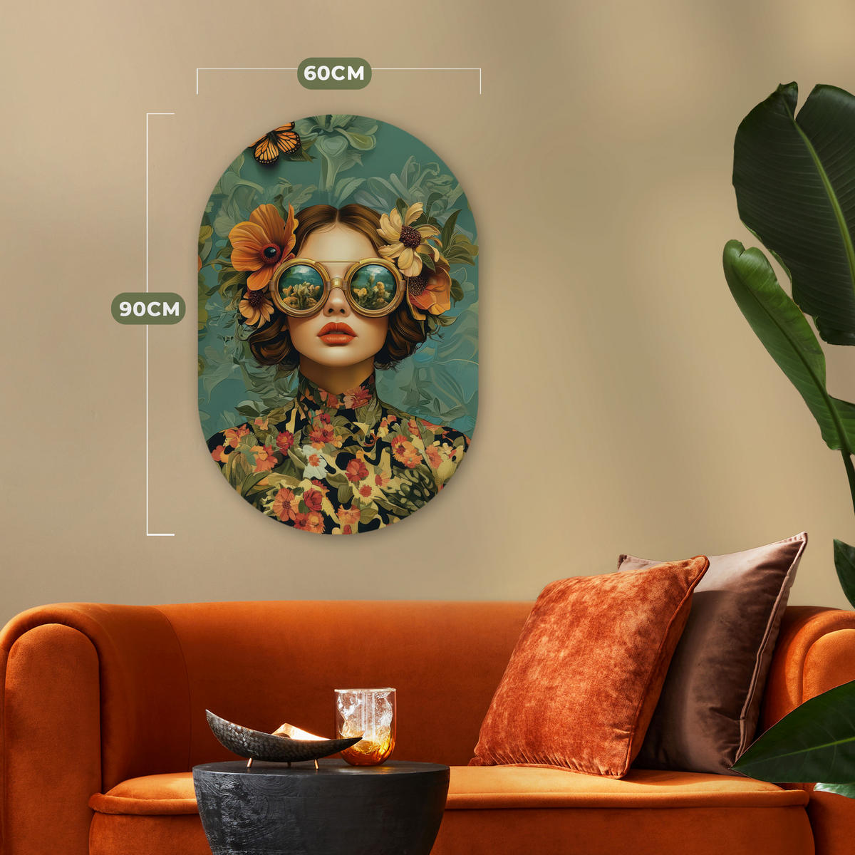 WANDBILD Frau - Blumen - Schmetterlinge - Natur - Vintage 60x90 cm - Petrol, Kunststoff (60/90cm) - MuchoWow