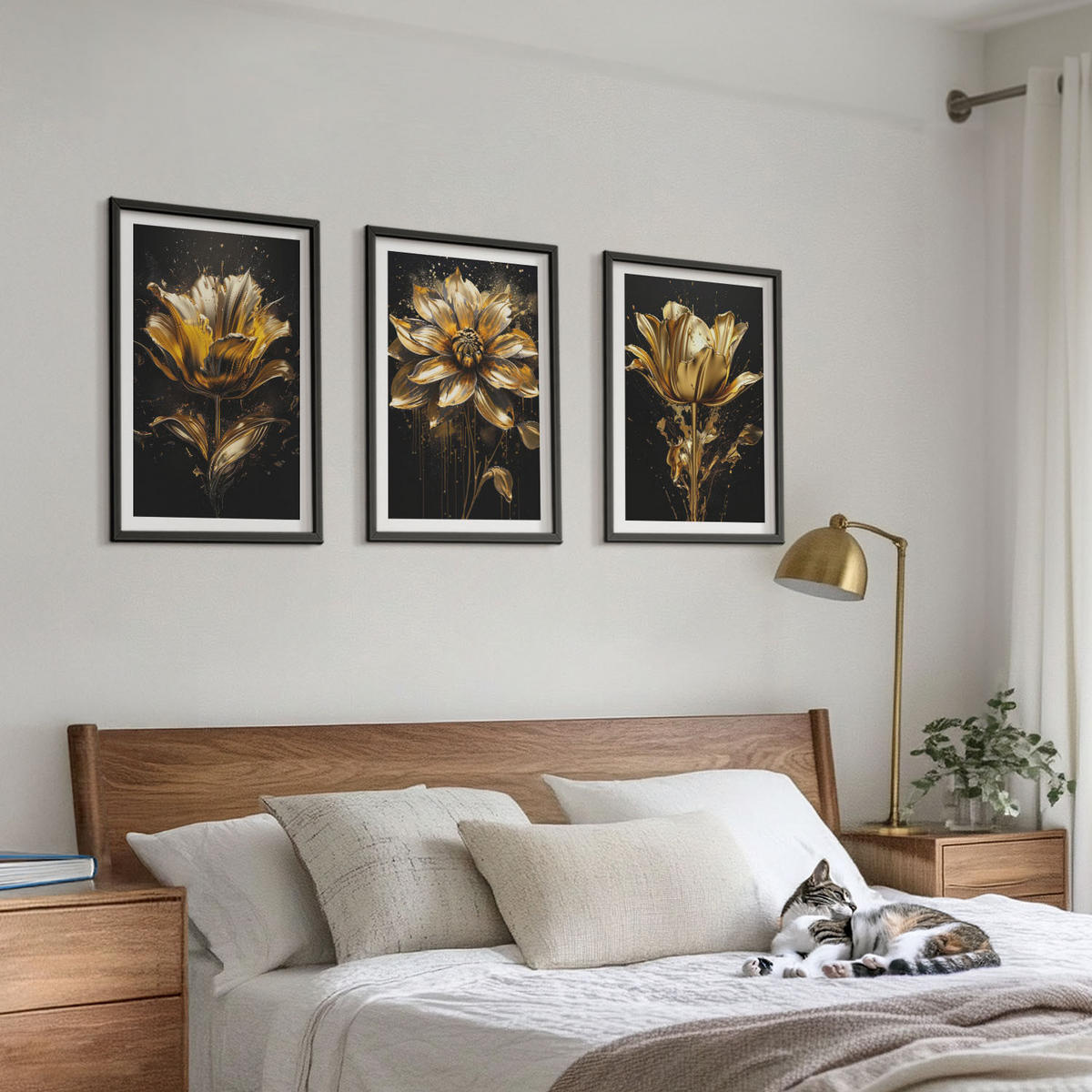 WANDBILDER 3er-Set - 40x60 cm Schwarzer Rahmen - Gelbe Blüten auf dunklem Hintergrund - Schwarz, Kunststoff (40/60cm) - ArtPrintCave