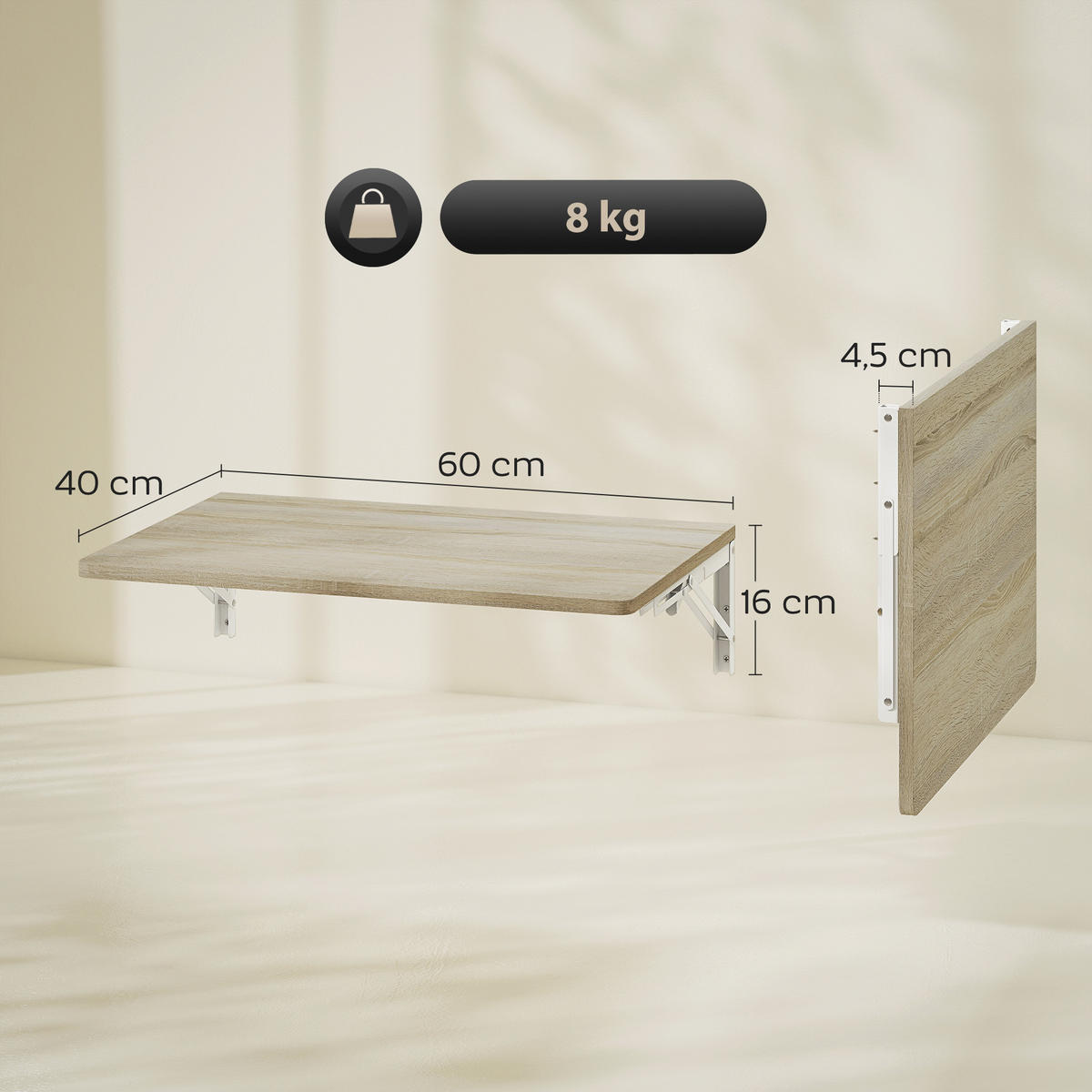 WANDKLAPPTISCH Platzsparender Schreibtisch 60x40cm Eiche - Eichefarben, Holzwerkstoff (40/16/60cm) - HOMCOM