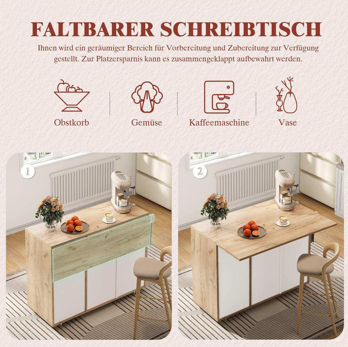 KÜCHENINSEL 120/46/85 cm weiß aus Holzwerkstoff mit 360°-Rollen - Weiß, Holzwerkstoff (120/85/46cm) - OKWISH