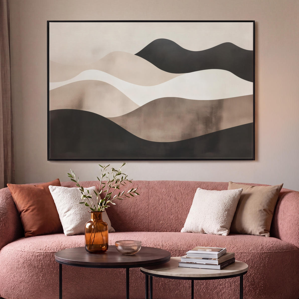 LEINWAND Bilder mit Rahmen - Abstrakt - Landschaft - Wellen - Cremefarben - 120x80 - Cappuccino, Textil (120/80cm) - MuchoWow