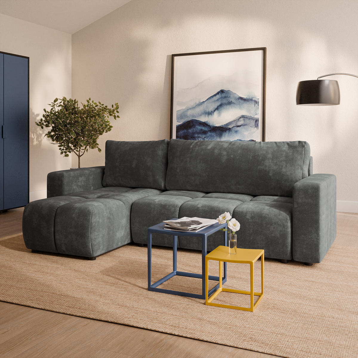 ECKSOFA RAMIL Grau Chenille mit Schlaffunktion - Grau, Holz (240/149cm) - MASSENO