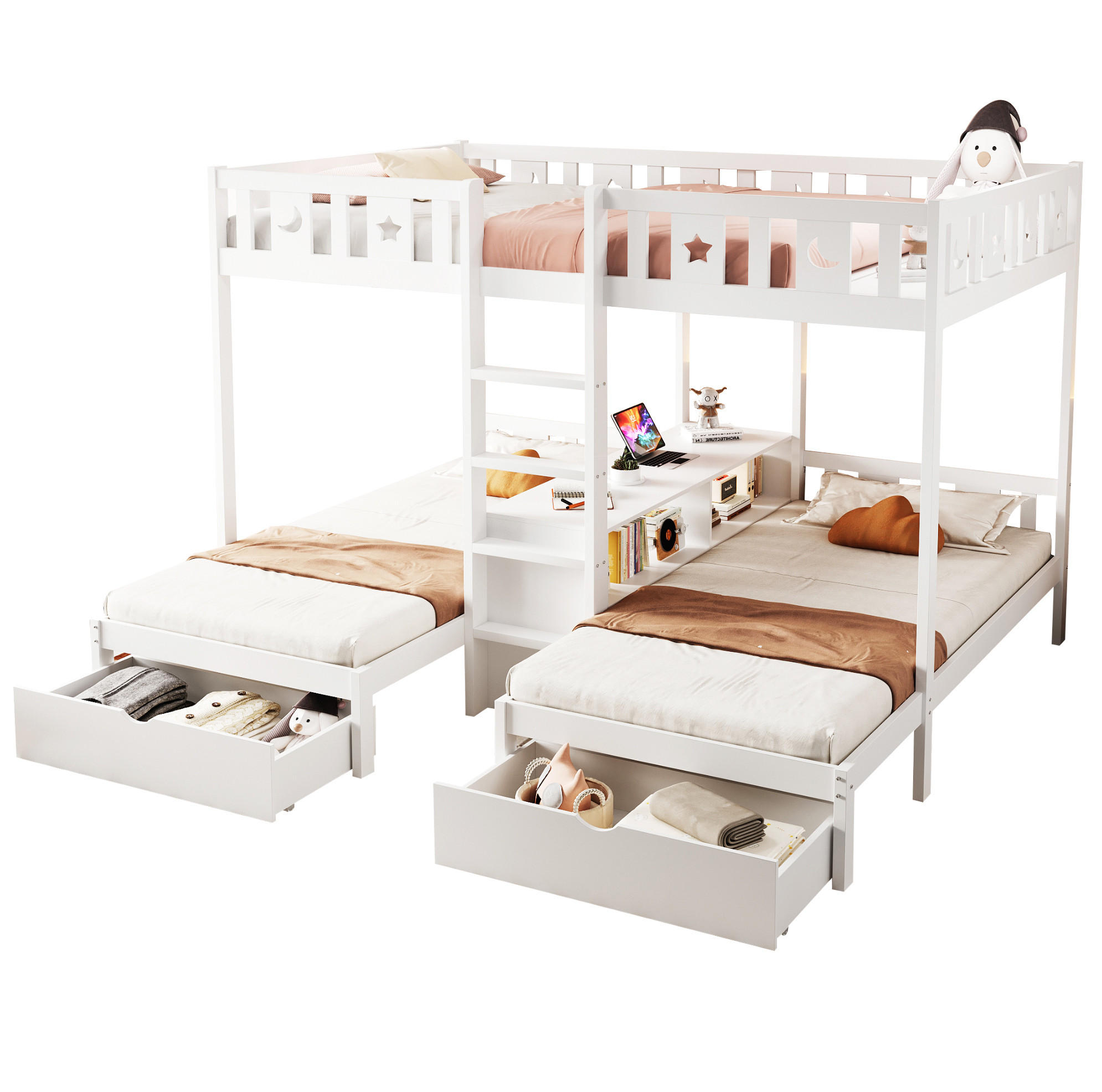 HOCHBETT Etagenbett 140/200 und 2x 90/200 cm aus Holz mit Stern-Mond-Geländer und 2 Schubladen Weiß - Weiß, Holz (140/200cm) - Modenvie