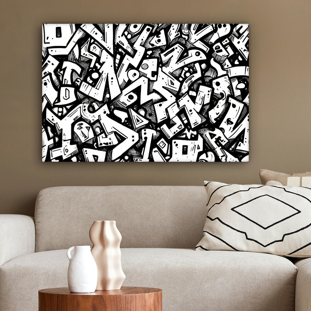 LEINWANDBILD Formen - Buchstaben - Graffiti - Schwarz Wanddeko 90x60 cm - Schwarz, Textil (90/60cm) - MuchoWow