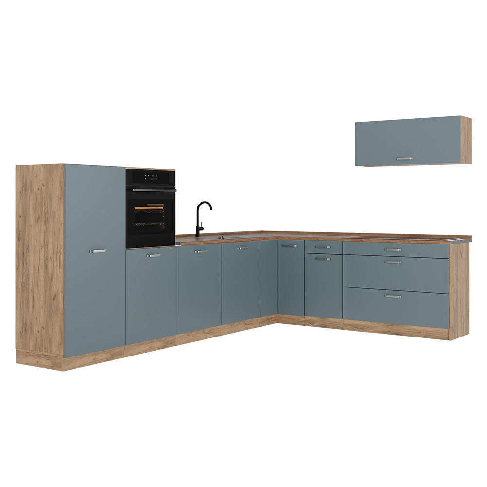 ROHOVÁ KUCHYŇA R-Line, Modrošedá/Dub Goldkraft, 327 x cm Goldkraft tammi työtaso - dub medový/modrosivá, kompozitné drevo (327/143/60cm) - Vicco