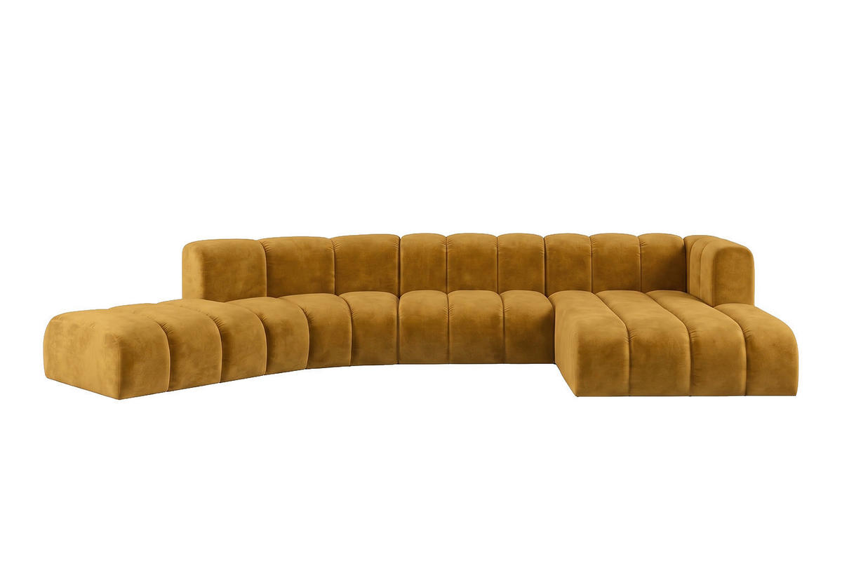 ECKSOFA Modulares In L-Form, Velvet-Stoff Riviera, Senffarbe, Rechts, GRAND Round - Gelb, Holz (445/179cm) - Kaiser Möbel