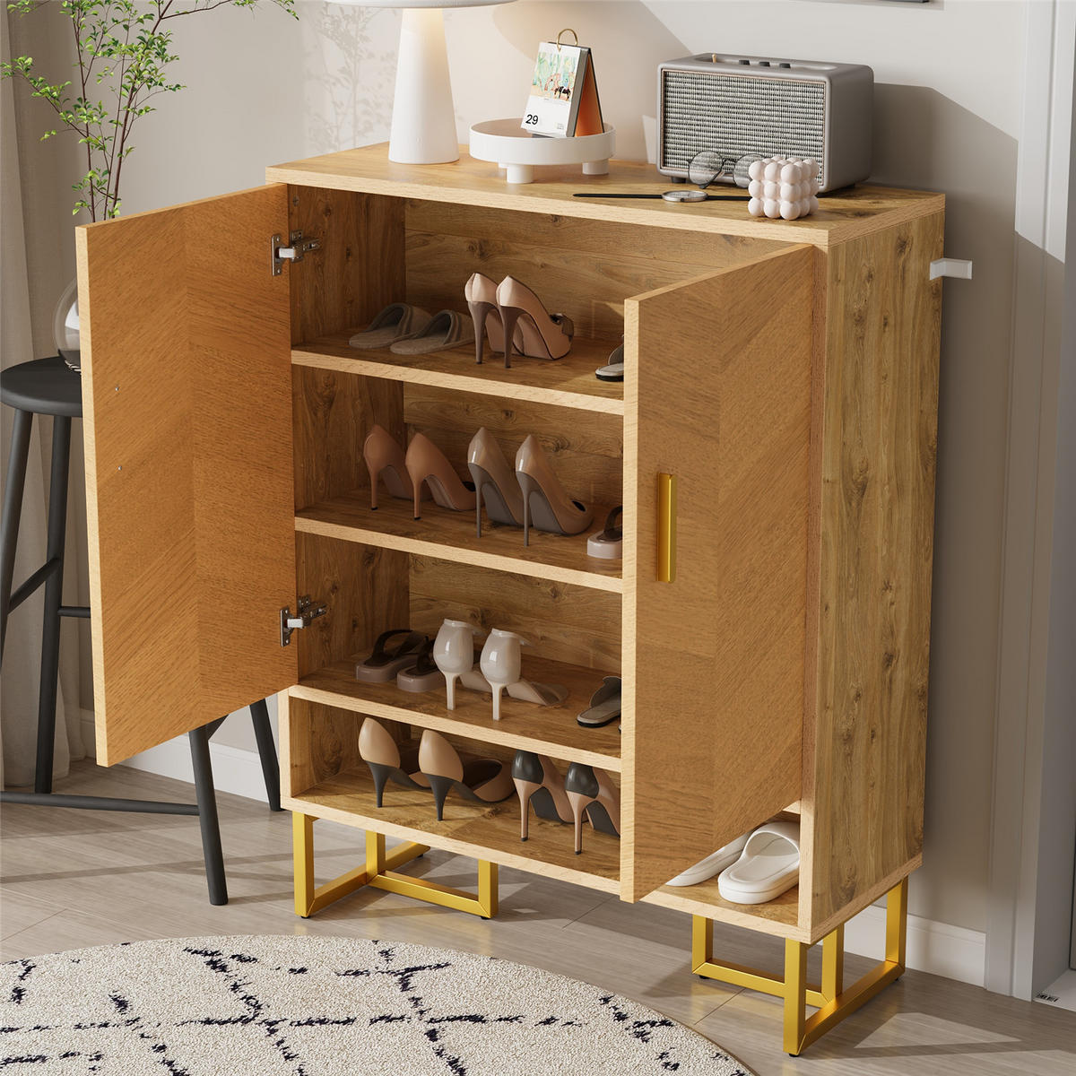 SCHUHSCHRANK schmal in Holzoptik mit Metallrahmen - Naturfarben, Holz (77/100/37cm) - Kaket