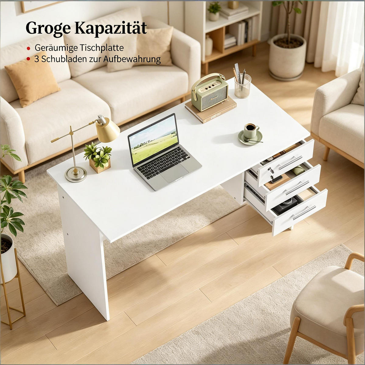 COMPUTERTISCH Weiß 120/60/75 cm mit 3 Schubladen - Weiß, Holz (60/120/75cm) - PANGIVO