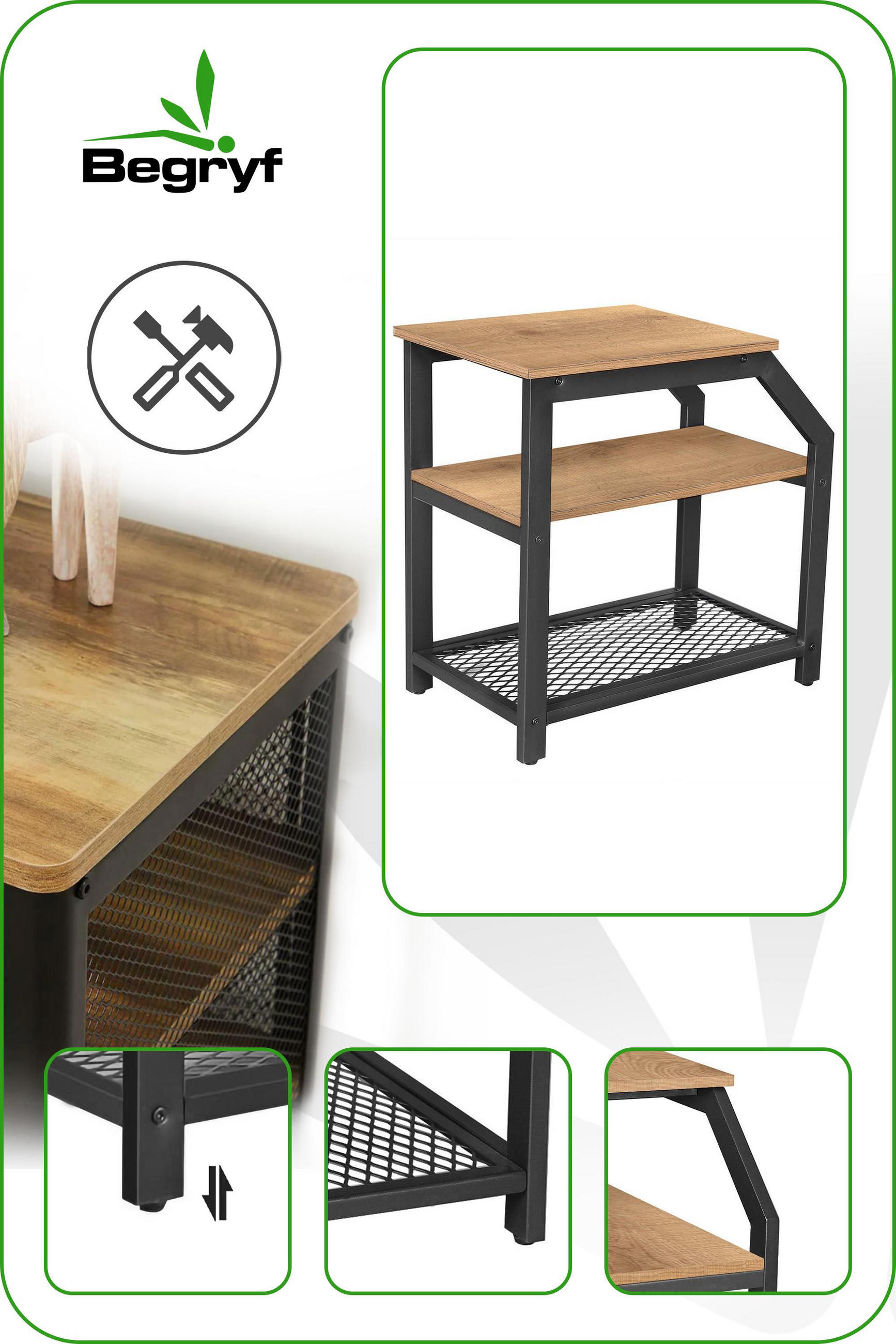 BEISTELLTISCH Metall Holzoptik Honigbraun 3 Ablagen 60x60x36 cm - Schwarz/Honig, Holzwerkstoff/Metall (60/36/60.5cm) - Begryf