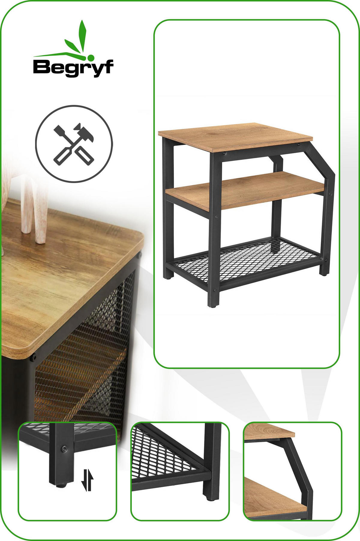 BEISTELLTISCH Metall Holzoptik Honigbraun 3 Ablagen 60x60x36 cm - Schwarz/Honig, Holzwerkstoff/Metall (60/36/60.5cm) - Begryf