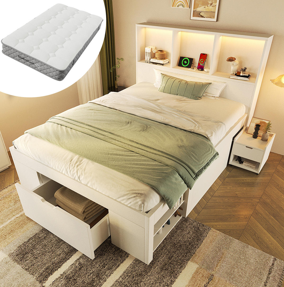 POLSTERBETT 90x200 cm in Weiß mit LED-Beleuchtung & Matratze - Weiß, Holzwerkstoff (90/200cm) - Modfu