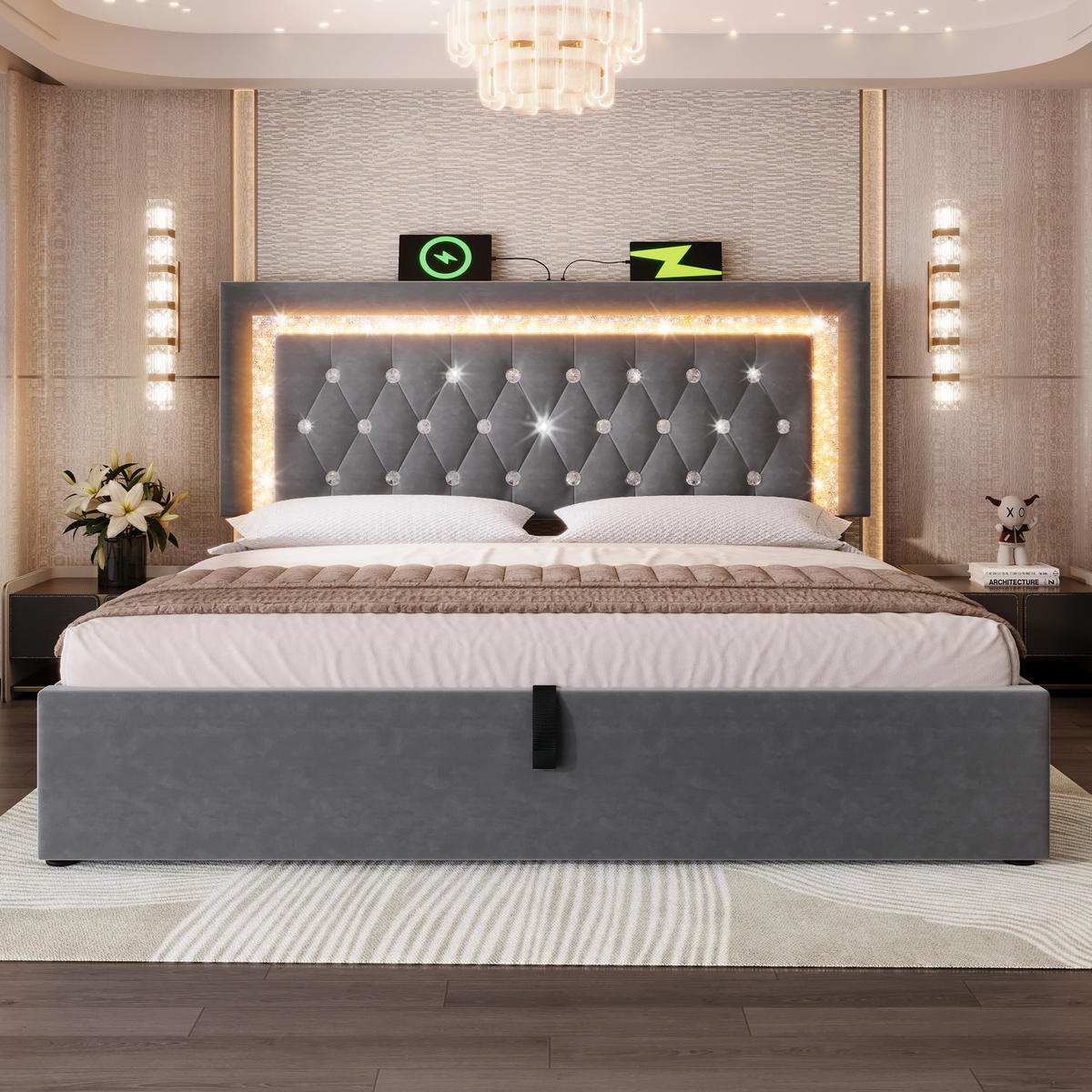 POLSTERBETT 160/200 cm Grau mit LED-Diamantband USB-Anschluss und hydraulischem Bettkasten - Grau, Textil (160/200cm) - OKWISH