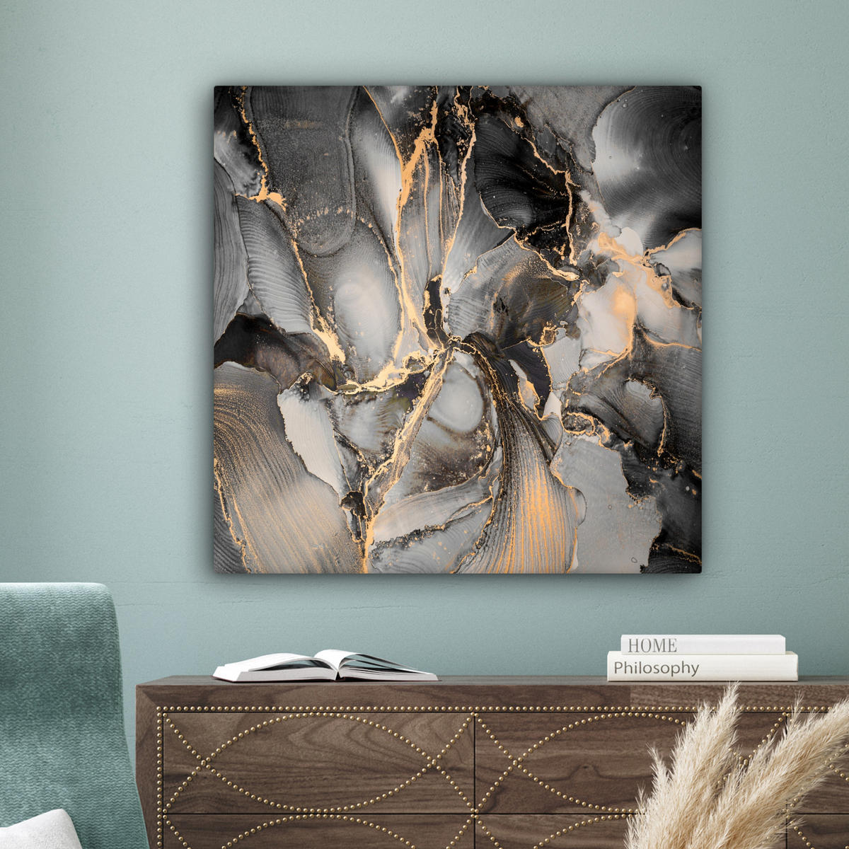 LEINWANDBILD Grau - Luxus - Gold - Marmor 90x90 cm - Dunkelgrau, Textil (90/90cm) - MuchoWow