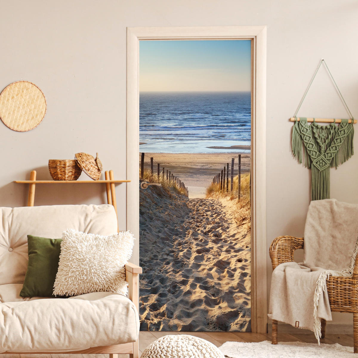 TÜRAUFKLEBER Strand - Meer - Niederlande - Dünen - Sonne 80x215 cm - Türtapete - Blau, Kunststoff (80/0.1cm) - MuchoWow