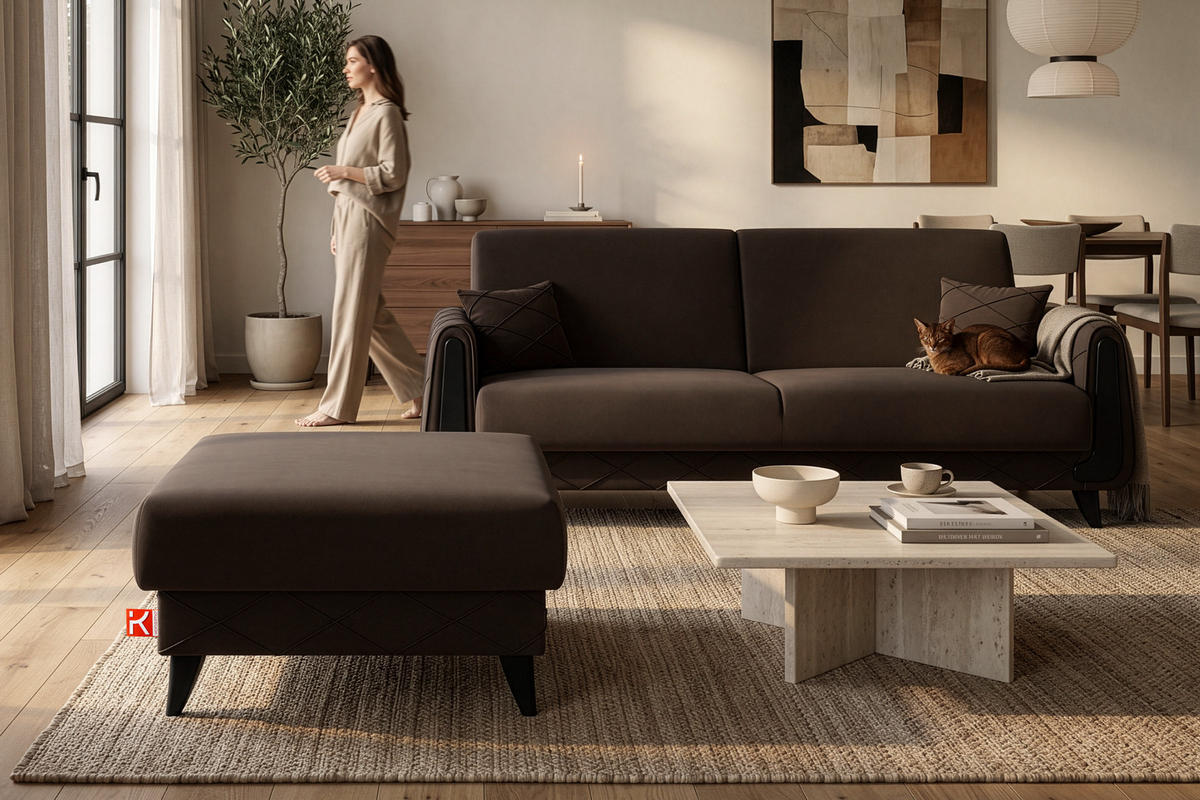 POUF GUSTAVO III Velours, Braun - Braun, Holz/Holzwerkstoff (92/49/92cm) - KONSIMO®