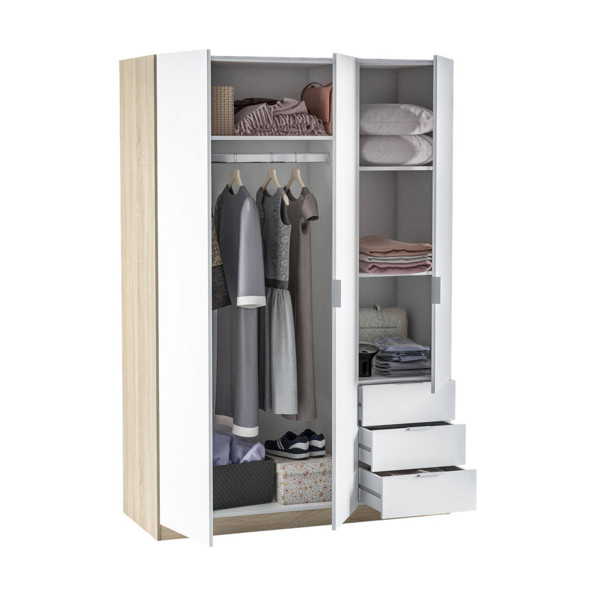 KLEIDERSCHRANK 3 TÜREN Weiß, Eiche 52/121/180 cm - Weiß, Holzwerkstoff (121/180/52cm) - DMORA
