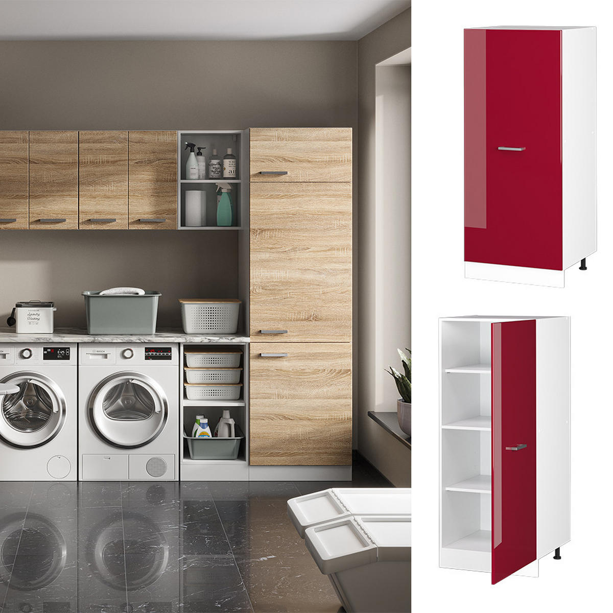 HOCHSCHRANK R-Line Bordeaux Hochglanz 60 cm mit großer Tür - Bordeaux/Weiß, Holzwerkstoff (60/143/57.2cm) - Vicco