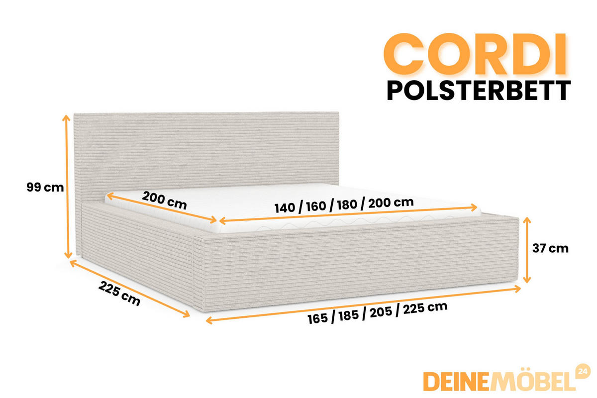 POLSTERBETT CORDI 200/200 in Cord Ecru - Ecru, Holz/Holzwerkstoff (200/200cm) - Deine Möbel 24