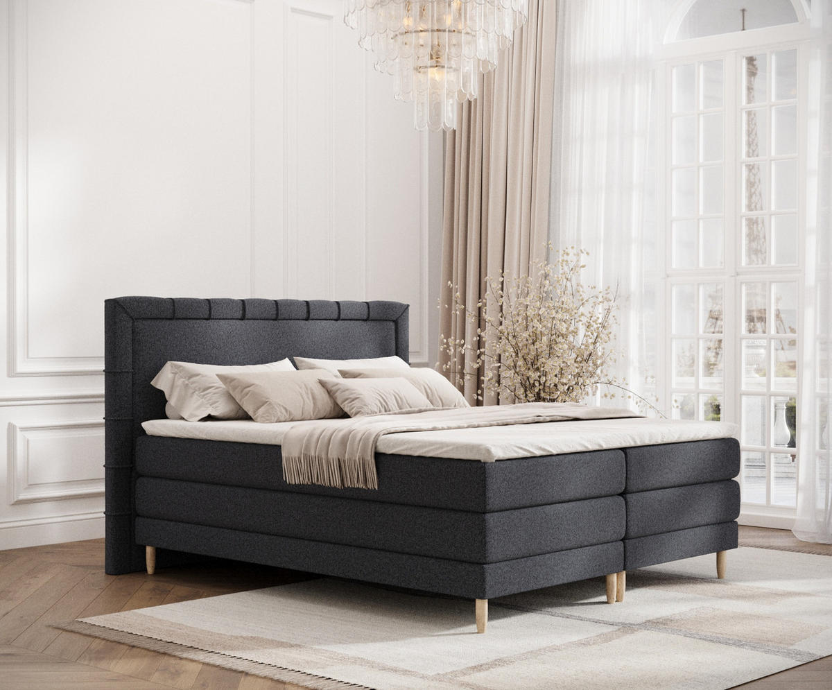 BOXSPRINGBETT Rimini Schwarz 200/200 cm mit Matratze und Topper - Schwarz/Naturfarben, Holz/Holzwerkstoff (200/200cm) - Maison de Reve