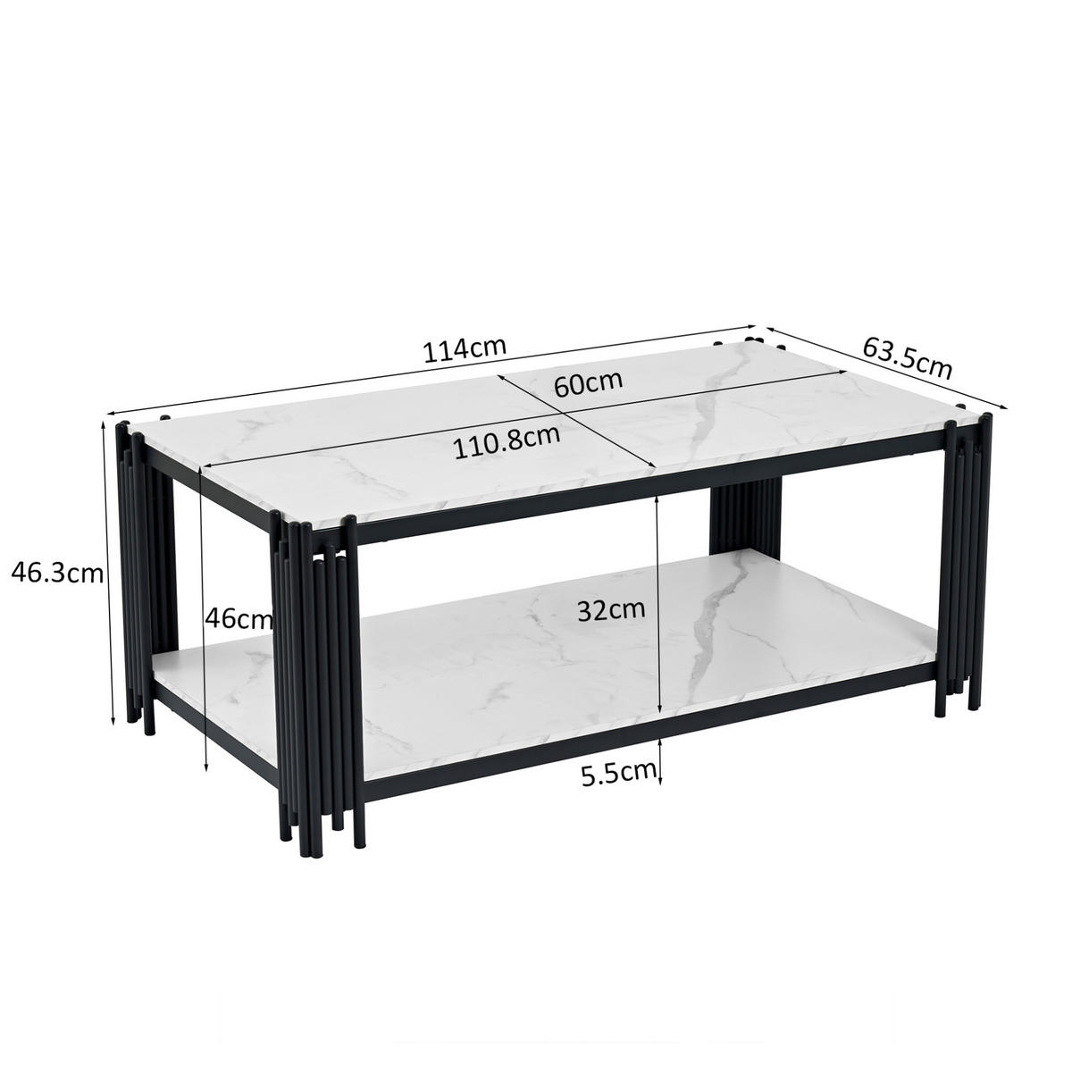 COUCHTISCH mit 2 Ablagen Marmoroptik Weiß-Schwarz - Weiß, Metall (114/64/46cm) - Meubliv
