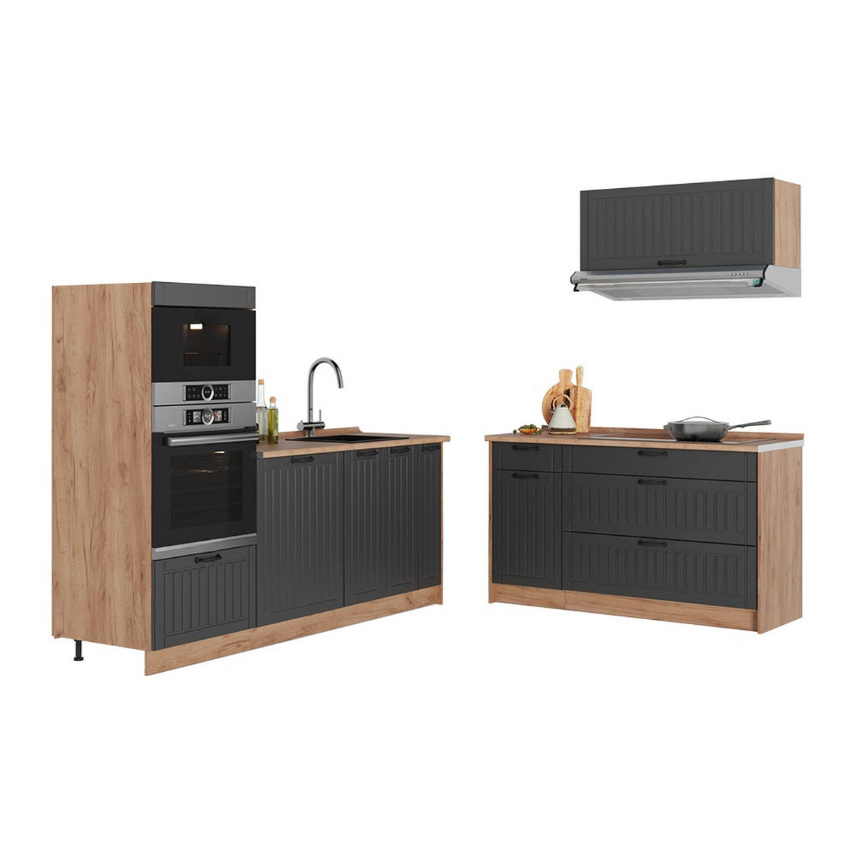 KÜCHENZEILE Fame-Line, Dunkelgrau/Goldkraft Eiche, 340 cm, AP Marmor - Honigeiche/Dunkelgrau, Holzwerkstoff (340/153.6/60cm) - Vicco