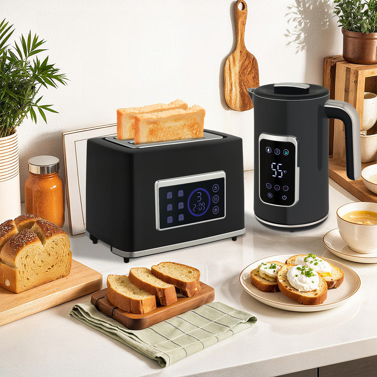 WASSERKOCHER Toaster Set mit 6 Bräunungsstufen Memory-Funktion Schwarz - Schwarz, Kunststoff (15/26.3/22.5cm) - HOMCOM
