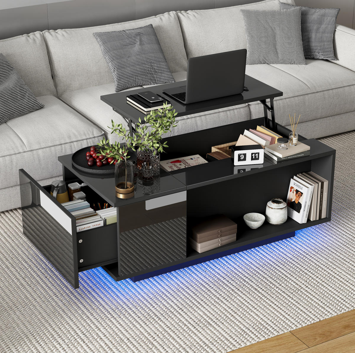 COUCHTISCH höhenverstellbar 100 x 50 x 40 cm Schwarz mit Stauraum - Schwarz, Holzwerkstoff (100/50/40cm) - Meubliv