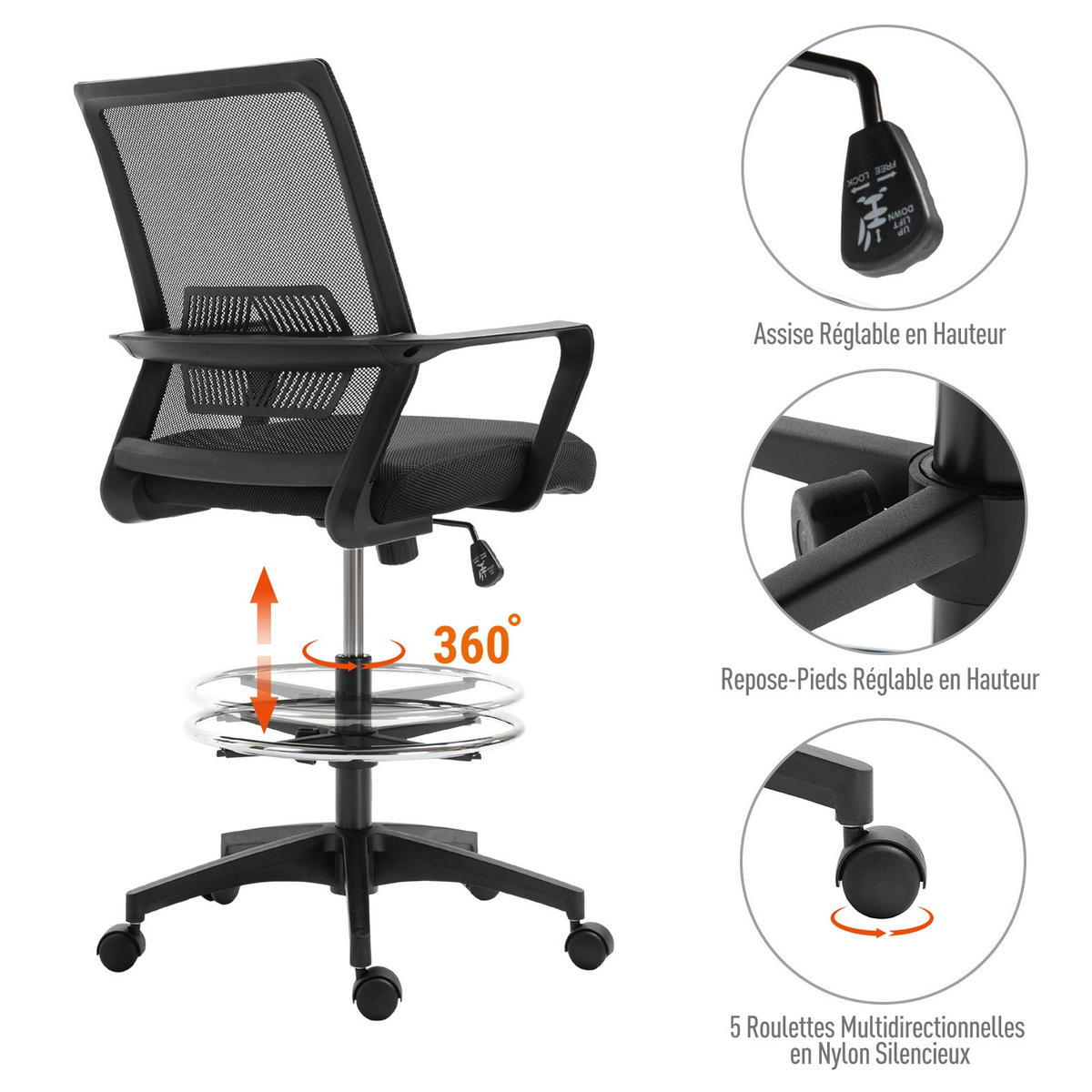 BÜROHOCKER DE-11796 höhenverstellbar mit Netzbezug Schwarz - Schwarz, Metall (59/124/64cm) - ComfortXL