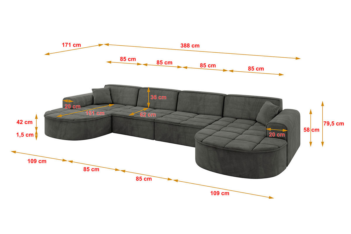WOHNLANDSCHAFT TARO-U2 - 388x171x79,5 cm Dunkelgrau - Dunkelgrau, Holzwerkstoff/Textil (388/79.5/171cm) - ALTDECOR