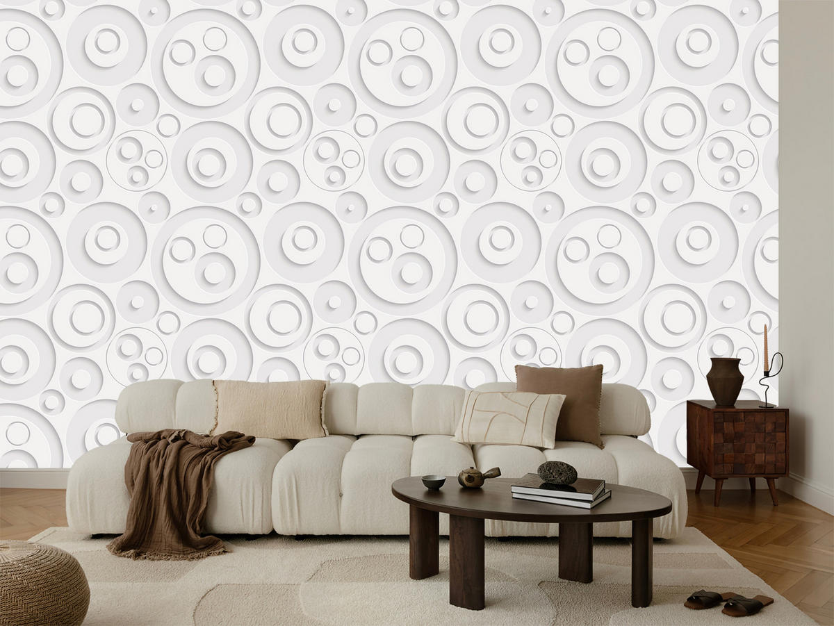 VLIESTAPETE Geometrische Kreise in 3D-Optik – Weiß, Grau – 50x1000 cm - Weiß/Grau, Papier (50/1000cm) - Muralo