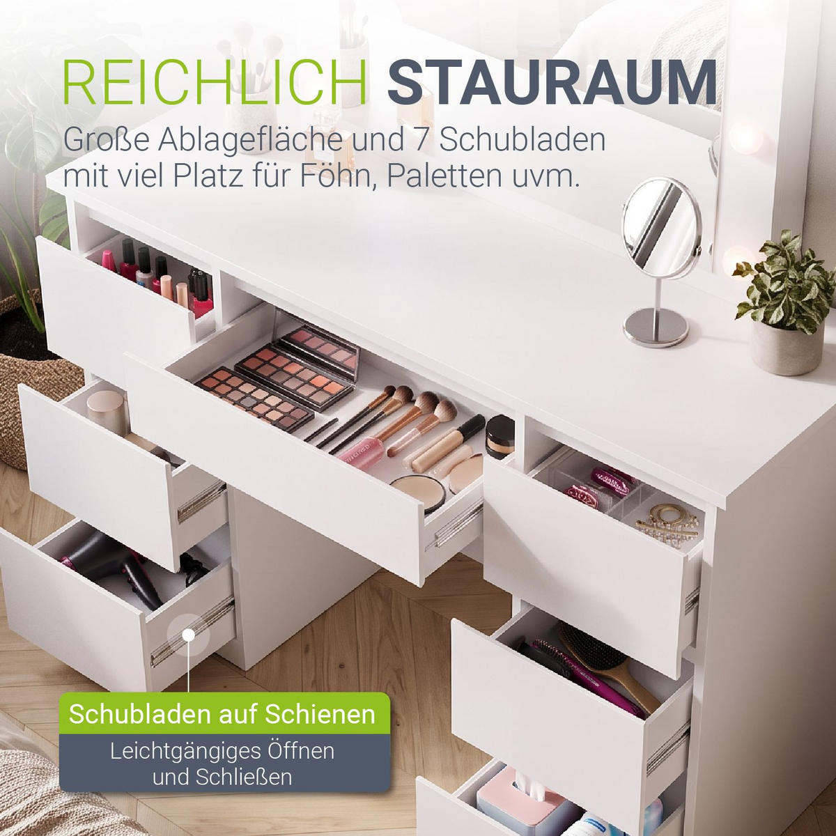 SCHMINKTISCH Talea mit LED (3 Lichtstufen) inkl Hocker Melly - Weiß, Holz (110/141/40cm) - Juskys