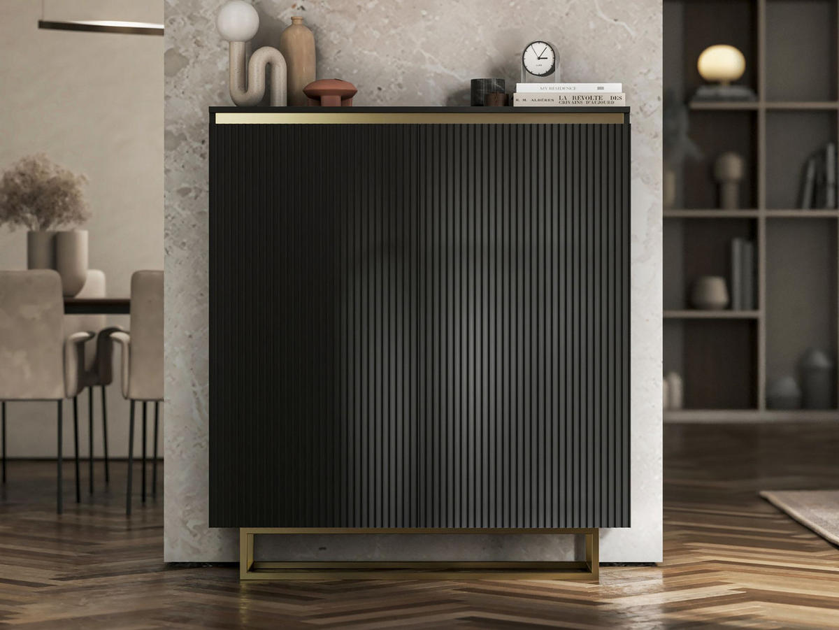 KOMMODE Selene 2D Schwarz Matt 111 cm goldfarbener Rahmen - Goldfarben/Schwarz, Holzwerkstoff/Metall (111/125/35cm) - Meble Lindner