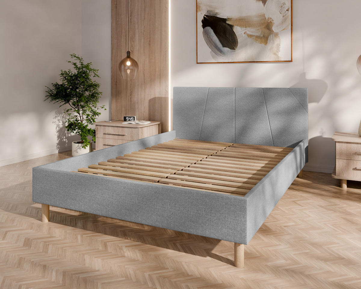 POLSTERBETT ALMORE 140x200cm Elegantes Polsterbett für modernen Wohnstil , 7-Zonen-Taschenfederkernmatratze CIRA (24 cm), hellgrau-2 - Blaugrau, Holz (140/200cm) - Homesy