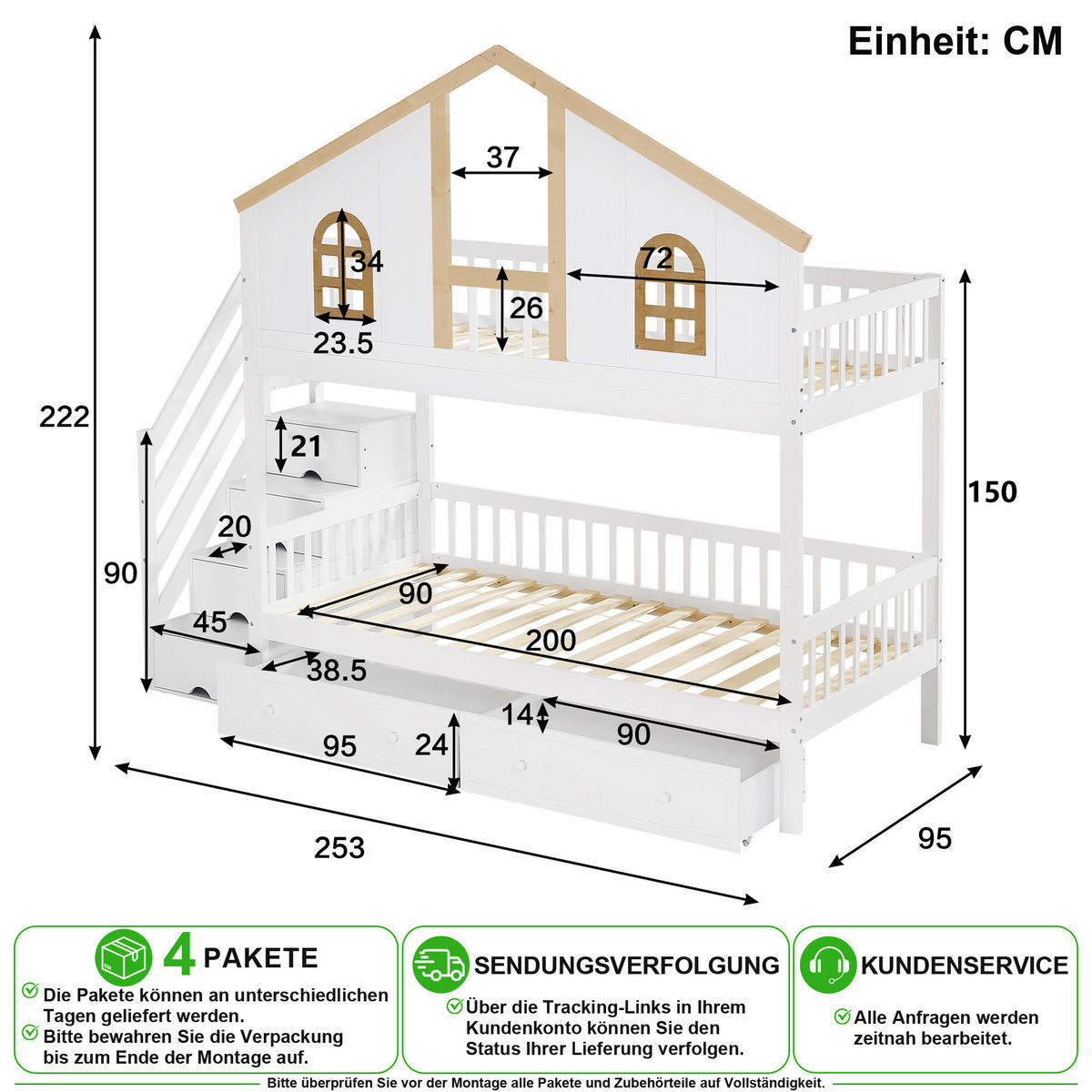 ETAGENBETT 90/200 cm in Weiß & Natur mit 2 Schubladen, 4 Fächern und Fenster - Weiß/Naturfarben, Holz/Holzwerkstoff (90/200cm) - CHICFURN