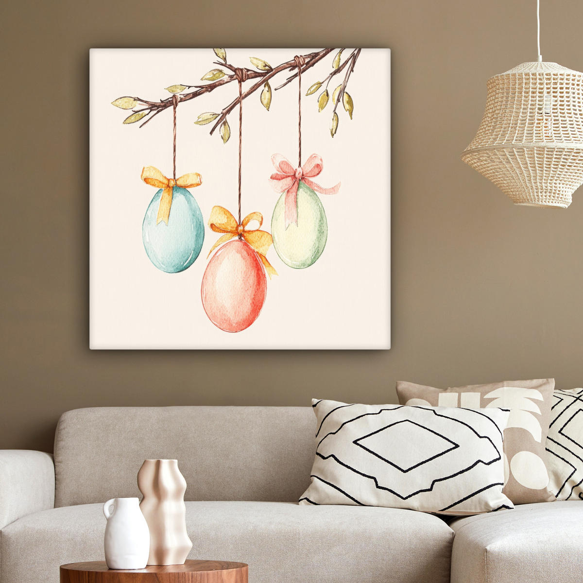 LEINWANDBILD Osterkuchen - Schleife - Eier Deko Groß 90x90 cm - Creme, Textil (90/90cm) - MuchoWow