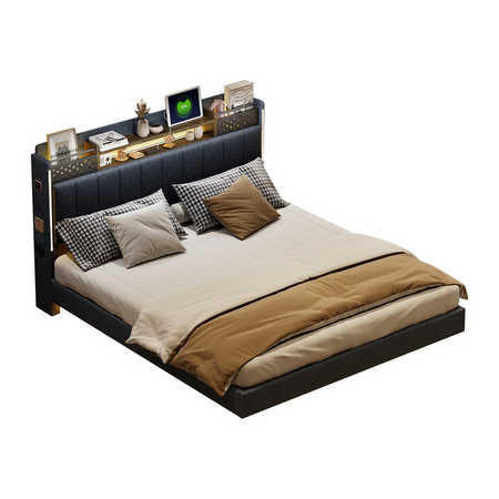 POLSTERBETT 160x200 Grau Leinen LED Stauraum - Grau, Textil (160/200cm) - FLIEKS