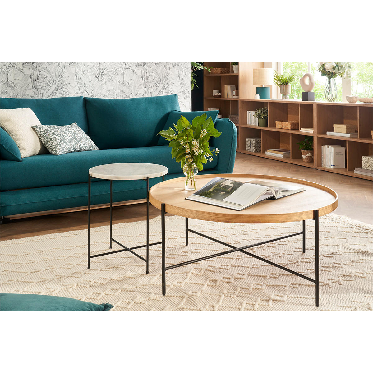 COUCHTISCH Rund Helles Holz Schwarz Metall D90 cm BASSY - Grün, Holz (90/90/38cm) - Miliboo
