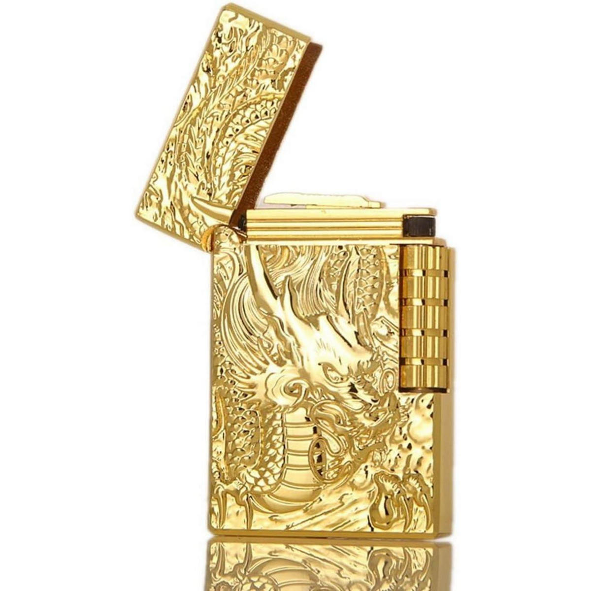 FEUERZEUG mit Drachenmuster, nachfüllbar, matt - Goldfarben, Metall (1/3/7cm)