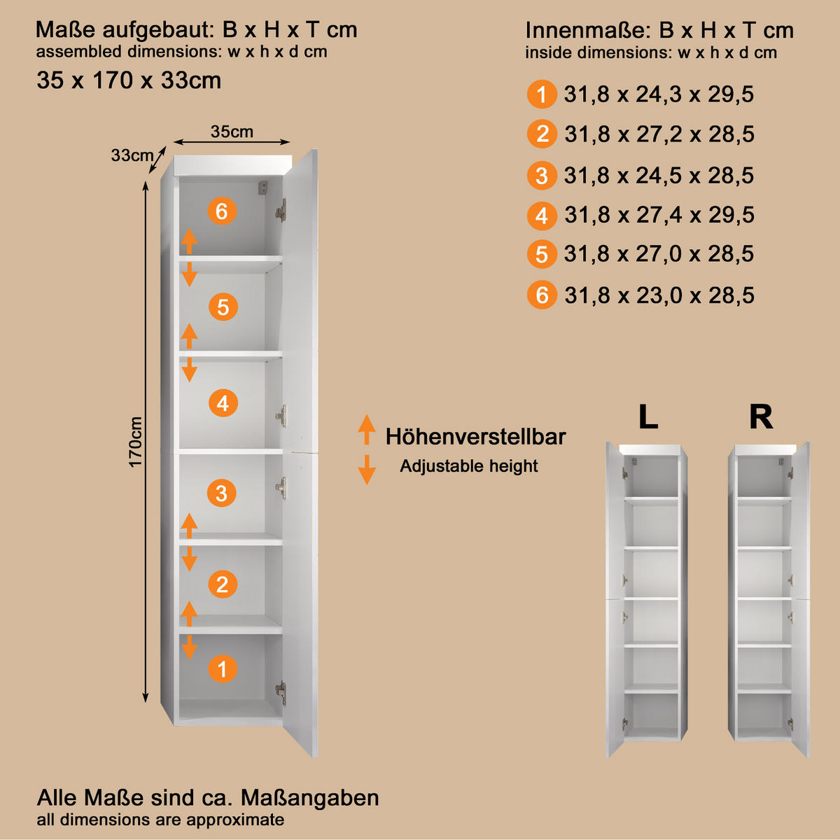 HOCHSCHRANK weiß Hochglanz 35 x 170 cm, Badschrank hängend - Weiß Hochglanz/Silberfarben, Holzwerkstoff/Kunststoff (35/170/33cm) - Top.Furn