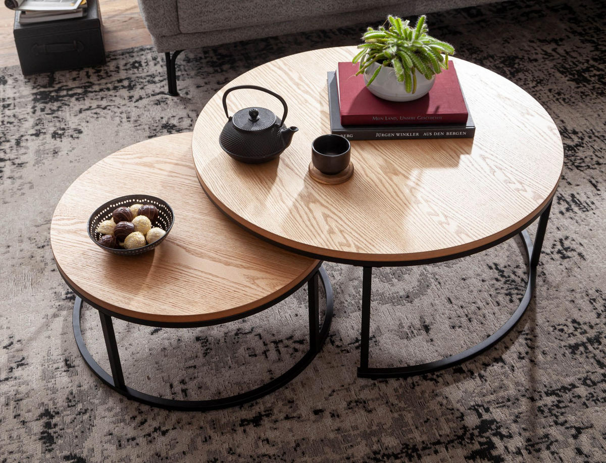 COUCHTISCH 2er Set Marmoroptik Metall Eichenholz Ineinanderschiebbar, Beige 80x80x36 cm - Beige/Schwarz, Holz/Metall (80/80/36cm) - KADIMA DESIGN