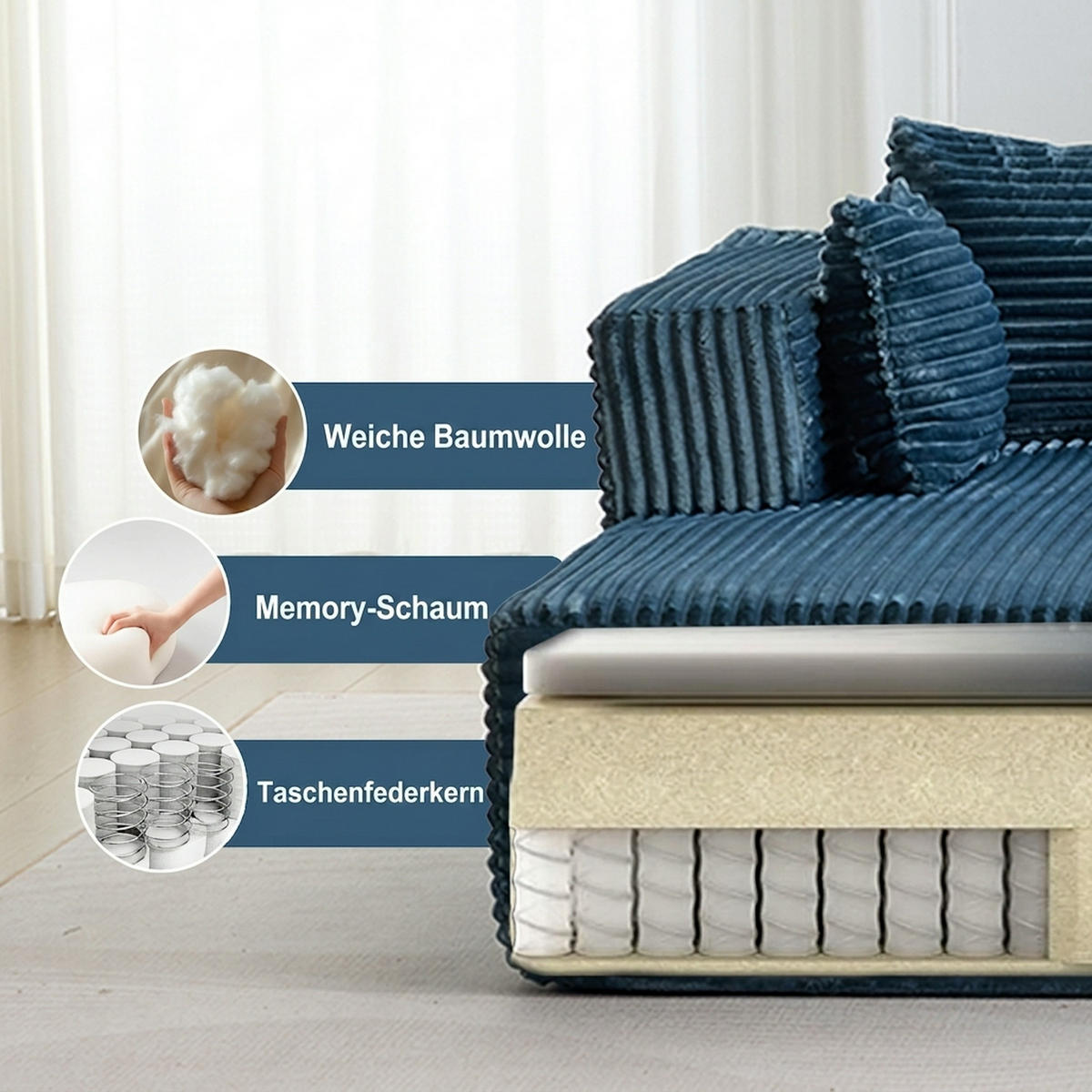 ECKSOFA 279/179/83 cm Blau Cord mit Chaiselongue - Blau, Textil (179/83/279cm) - Oxeza